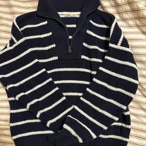 Faherty Mariner Navy and White Striped quarter zip Sweater